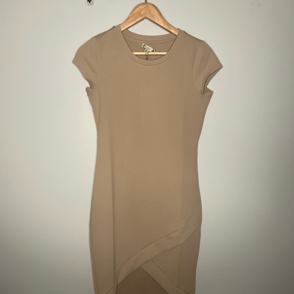 Iris Tan Asymmetrical Sheath Dress with Cap Sleeves